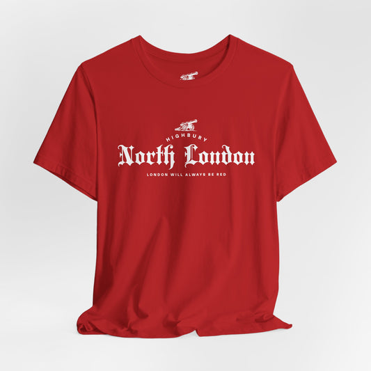 North London Is Red Forever Graphic Tee — Vintage Old English Script Red T‑Shirt