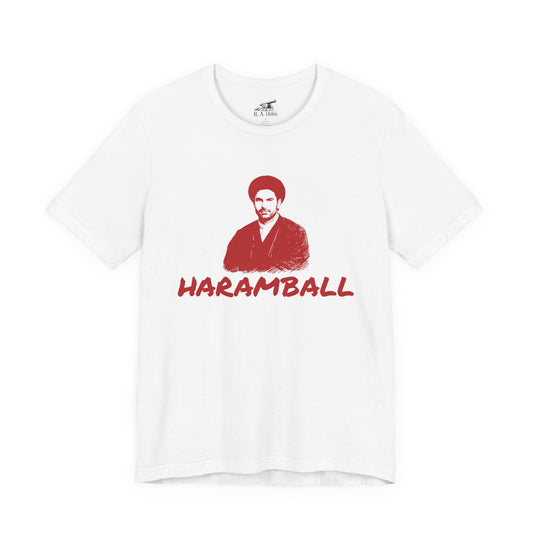 Haramball Anti Football Premier League Champion Retro Portrait Tee — "HARAMBALL" Vintage Graphic White T-Shirt Red Print