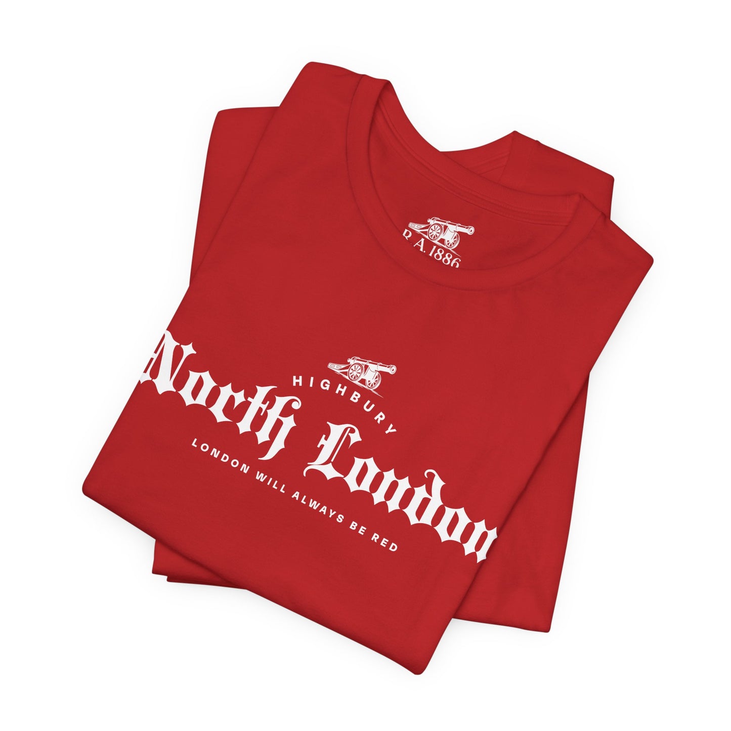 North London Is Red Forever Graphic Tee — Vintage Old English Script Red T‑Shirt