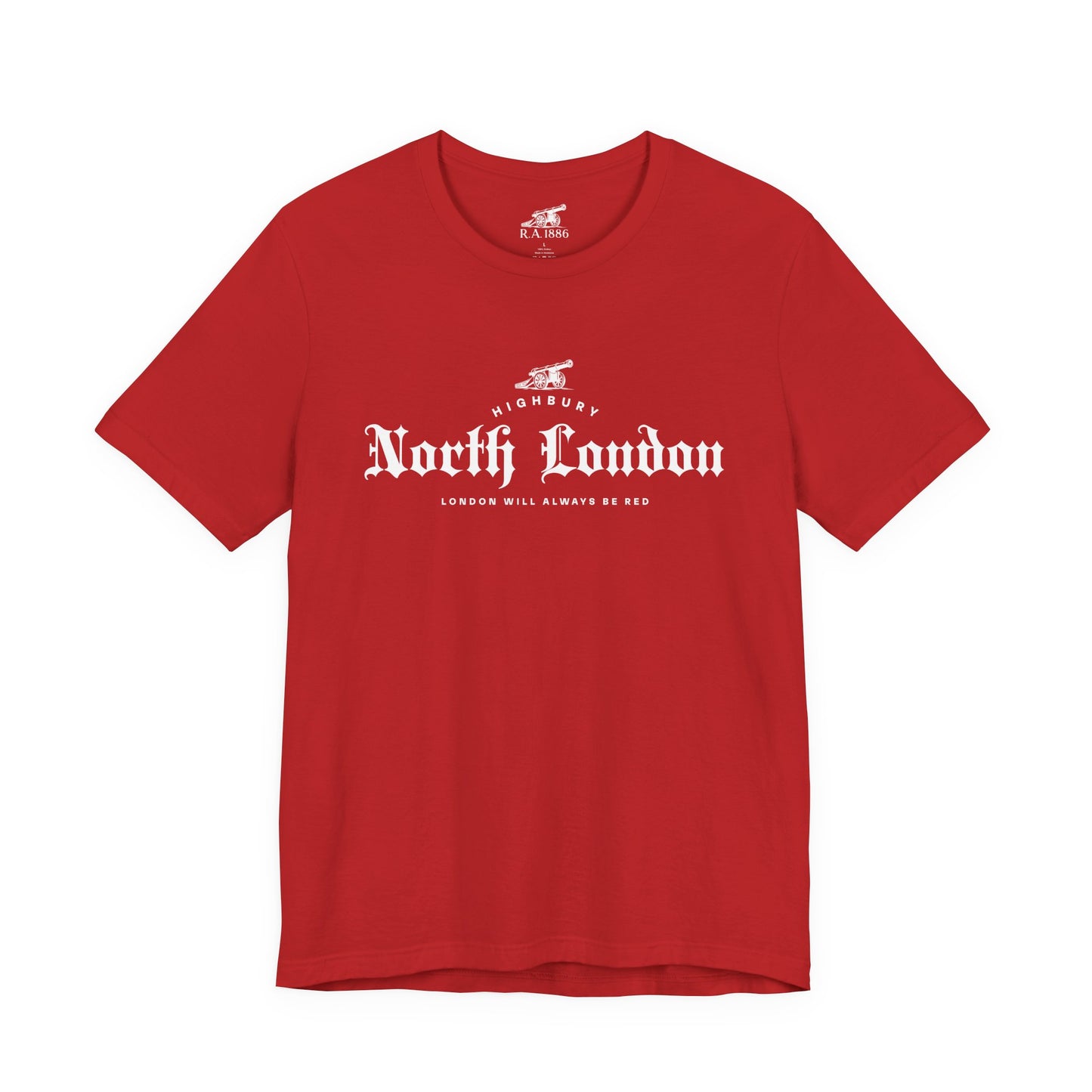 North London Is Red Forever Graphic Tee — Vintage Old English Script Red T‑Shirt