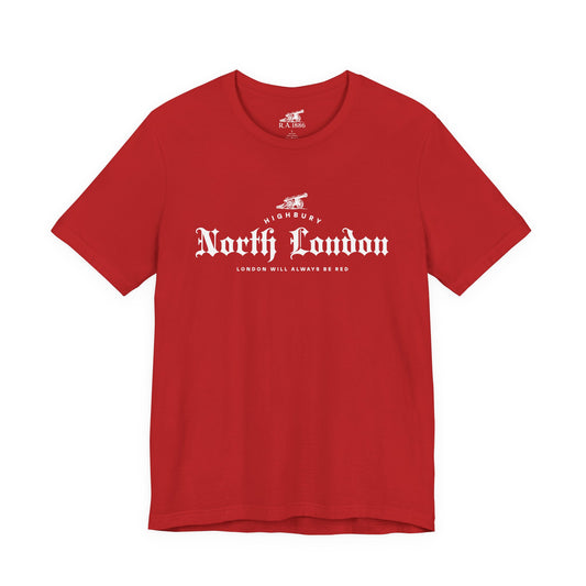 North London Is Red Forever Graphic Tee — Vintage Old English Script Red T‑Shirt