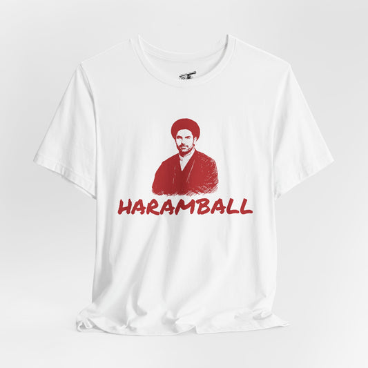 Haramball Anti Football Premier League Champion Retro Portrait Tee — "HARAMBALL" Vintage Graphic White T-Shirt Red Print