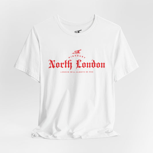 North London Is Red Forever Graphic Tee — Vintage Old English Script White T‑Shirt