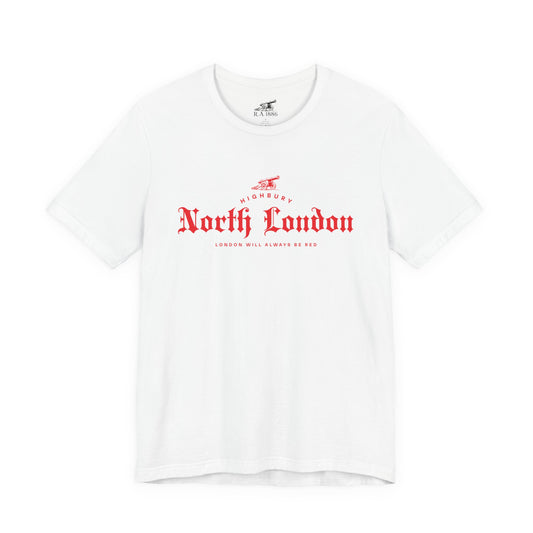 North London Is Red Forever Graphic Tee — Vintage Old English Script White T‑Shirt